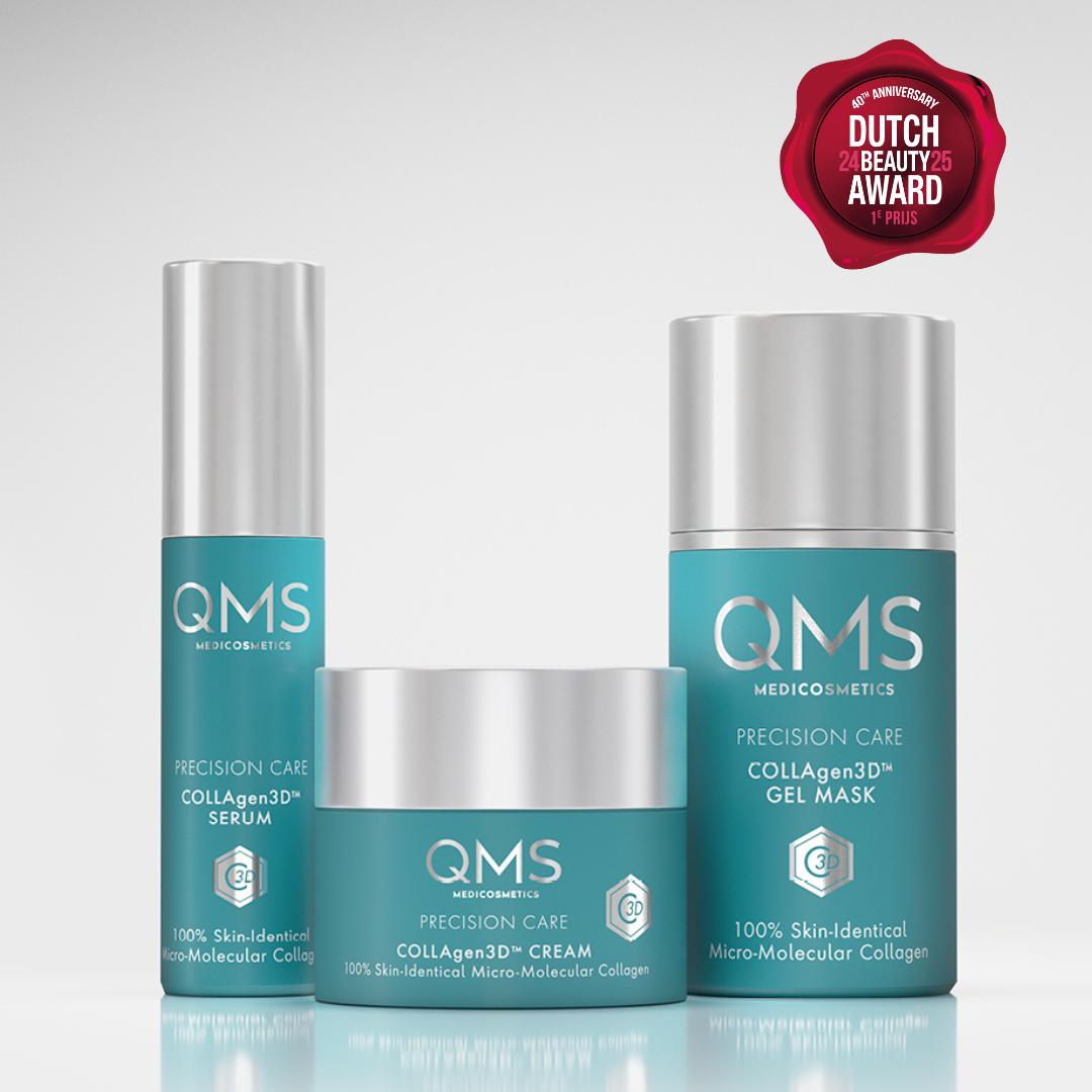 Three QMS Medicosmetics Precision Care skincare products—COLLAgen3D Serum, Cream, and Gel Mask—in teal packaging with silver lids, displayed together with a red Dutch Beauty Award 1st Prize badge.