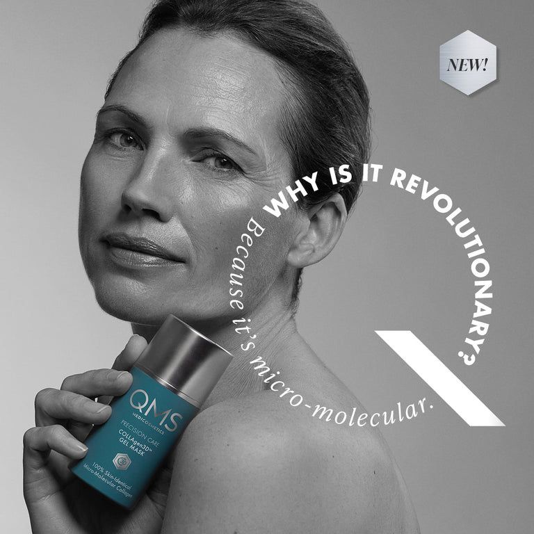 Black-and-white promotional image of a woman holding a QMS Medicosmetics product bottle, with text reading ‘Where’s the evidence? In the mirror. Discover the future of skincare with COLLAgen3D™’ and a circular graphic stating ‘Why is it revolutionary? Because it’s micro-molecular.